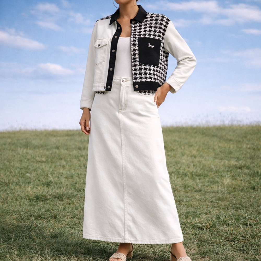 NWT Sassofono White Denim Houndstooth maxi skirt with matching jacket size 12/14